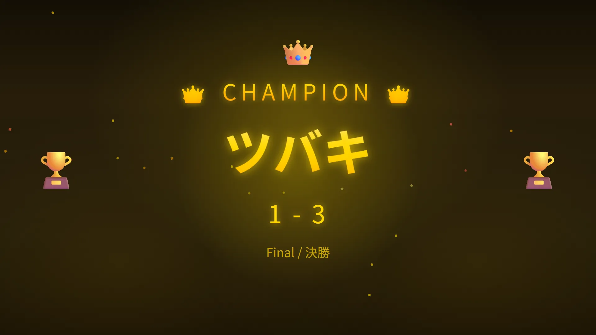 優勝者を表示する画面。中央に優勝者名と最終スコア