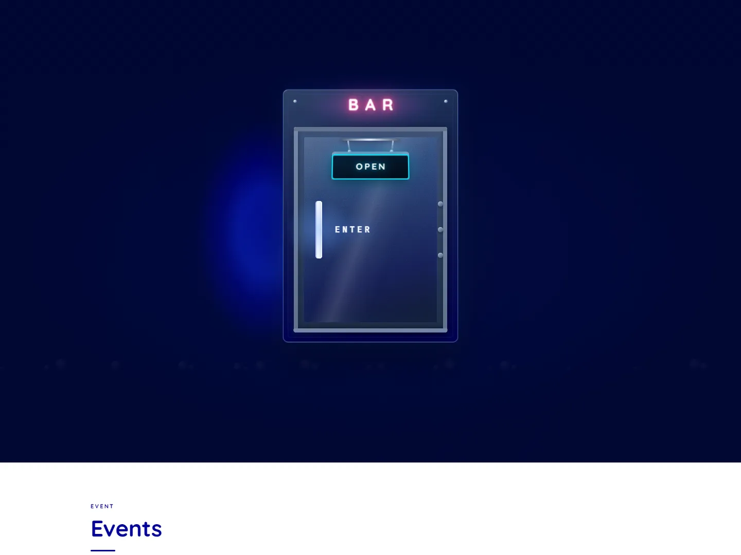 Bar Lagoonのブランドサイト。店舗の入口を模した表示と、イベント情報の一覧